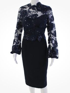 Nicole Bakti Navy Sequin Lace Long Sleeve Sheath Dress